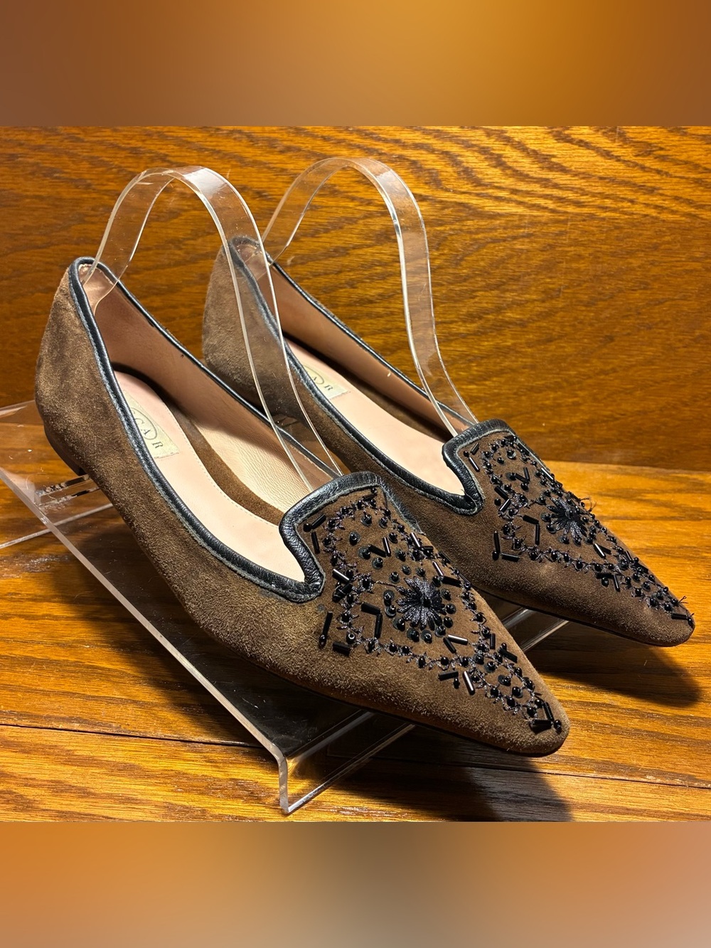 Y2K VTG Oscar de la Renta Oscar Beaded Suede Smoking Loafers Brown Black Size 9 - Picture 2 of 11